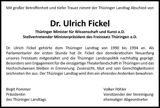 Traueranzeige von Ulrich Fickel von Thüringer Allgemeine, Thüringische Landeszeitung