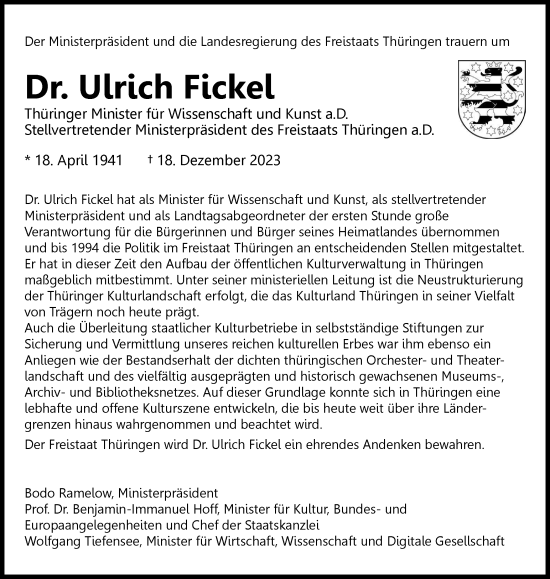 Traueranzeige von Ulrich Fickel von Thüringer Allgemeine, Thüringische Landeszeitung, Ostthüringer Zeitung