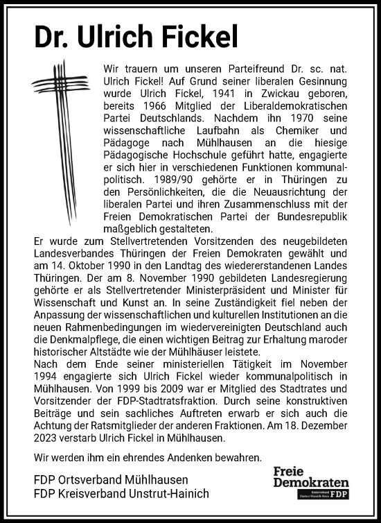 Traueranzeige von Ulrich Fickel von Thüringer Allgemeine, Thüringische Landeszeitung