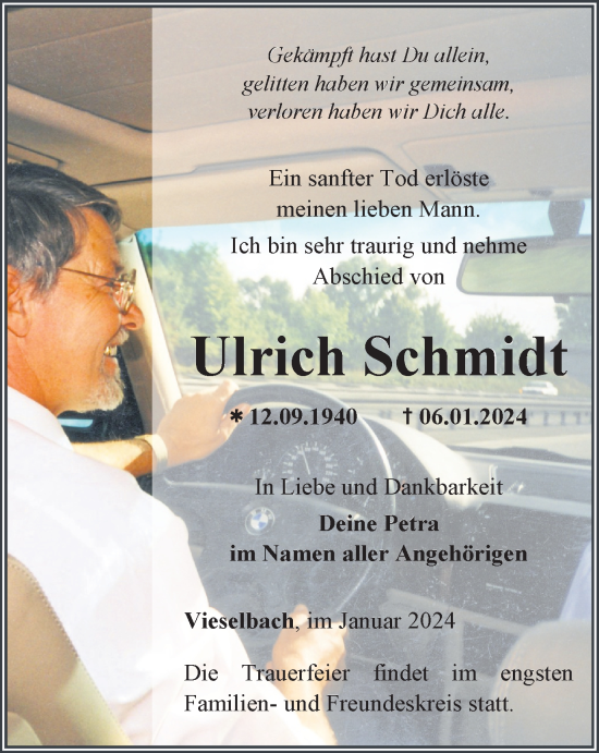 Traueranzeige von Ulrich Schmidt von Thüringer Allgemeine, Thüringische Landeszeitung