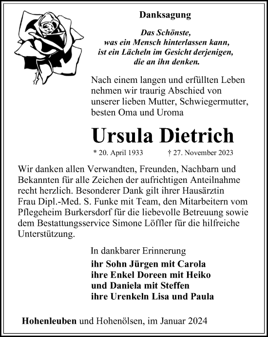 Traueranzeige von Ursula Dietrich von Ostthüringer Zeitung