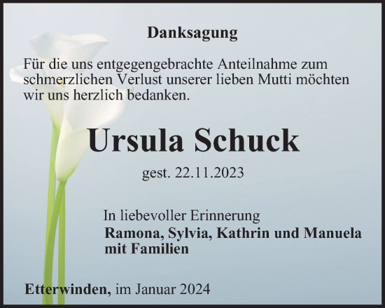 Traueranzeige von Ursula Schuck von Thüringer Allgemeine, Thüringische Landeszeitung