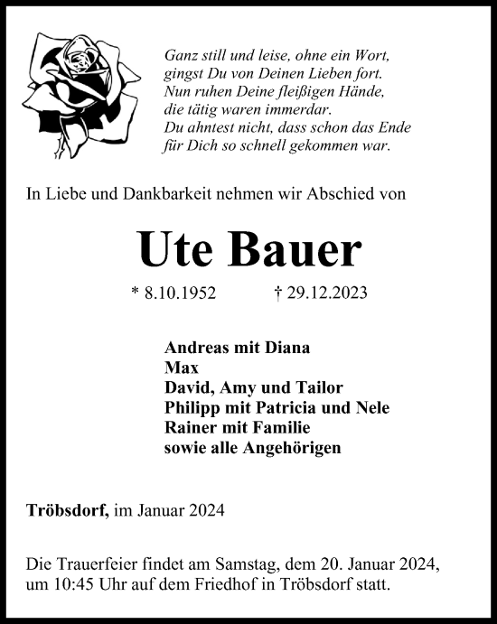Traueranzeige von Ute Bauer von Thüringer Allgemeine, Thüringische Landeszeitung