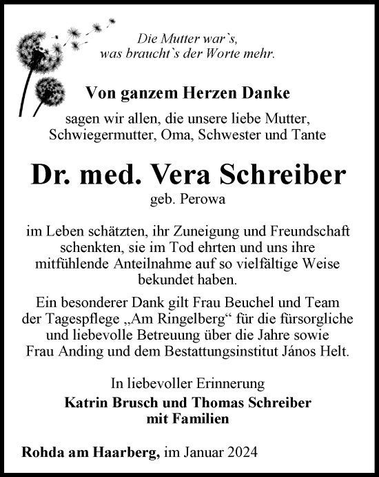 Traueranzeige von Vera Schreiber von Thüringer Allgemeine, Thüringische Landeszeitung