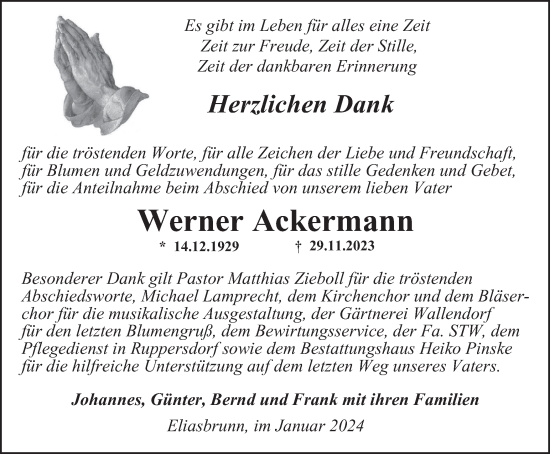 Traueranzeige von Werner Ackermann von Ostthüringer Zeitung