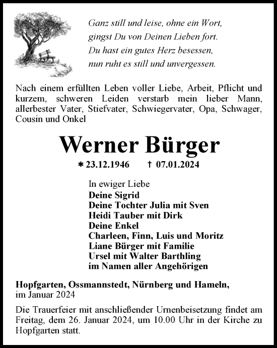 Traueranzeige von Werner Bürger von Thüringer Allgemeine, Thüringische Landeszeitung