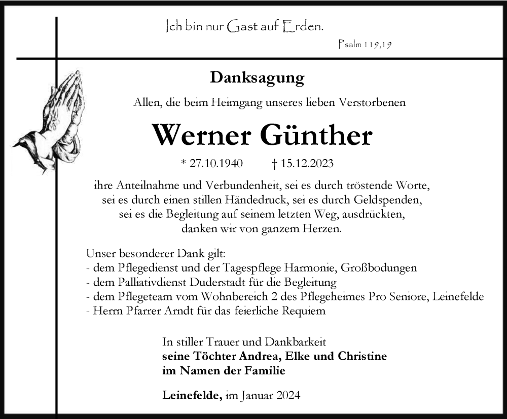 Traueranzeigen von Werner Günther trauerinthueringen.de