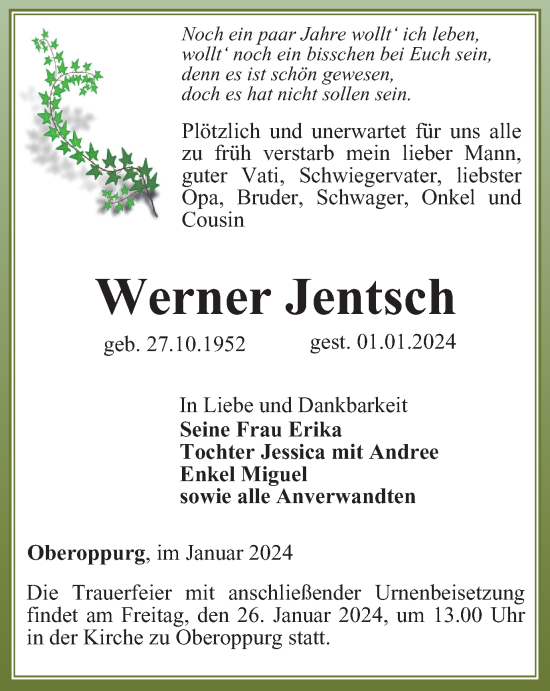 Traueranzeige von Werner Jentsch von Ostthüringer Zeitung