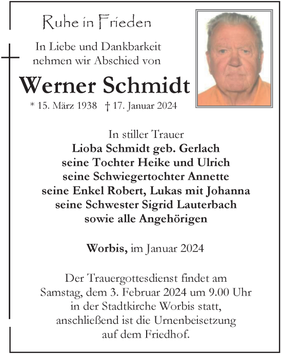 Traueranzeige von Werner Schmidt von Thüringer Allgemeine