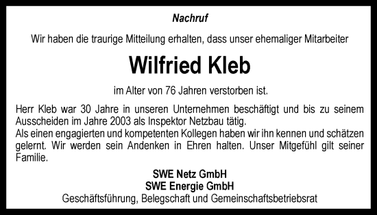 Traueranzeige von Wilfried Kleb