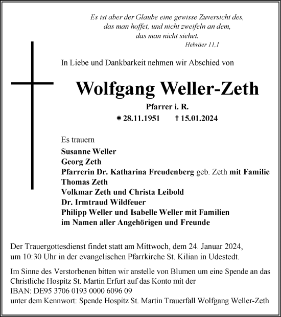 Traueranzeige von Wolfgang Weller-Zeth von Ostthüringer Zeitung