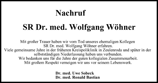 Traueranzeige von Wolfgang Wöhner von Ostthüringer Zeitung