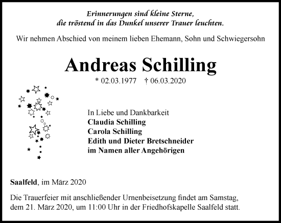 Traueranzeige von Andreas Schilling von Ostthüringer Zeitung