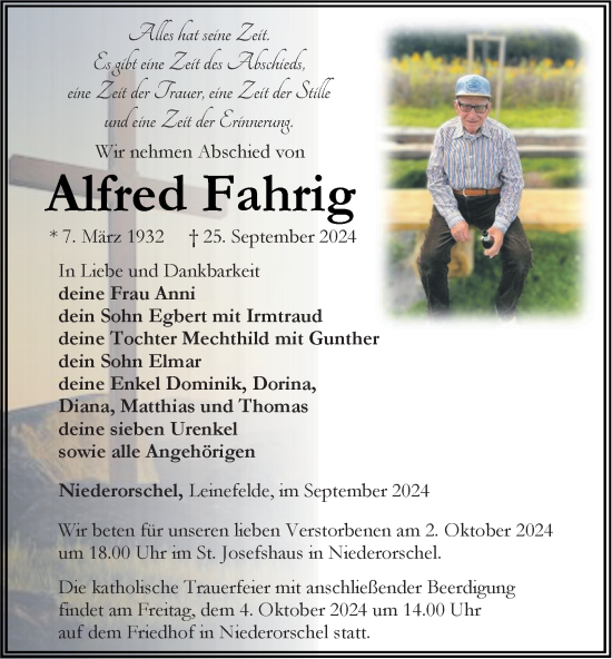 Traueranzeige von Alfred Fahrig von Thüringer Allgemeine