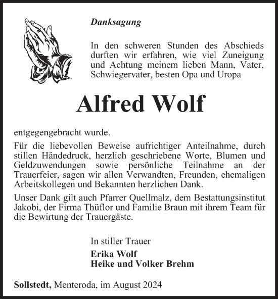 Traueranzeige von Alfred Wolf von Thüringer Allgemeine, Thüringische Landeszeitung