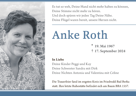 Traueranzeige von Anke Roth von Thüringer Allgemeine, Thüringische Landeszeitung