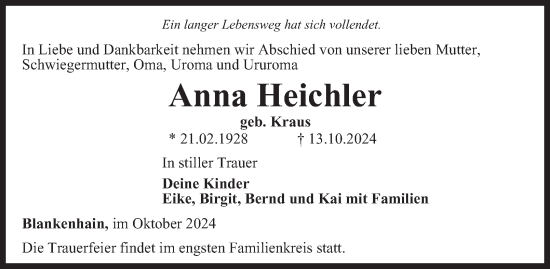 Traueranzeige von Anna Heichler von Thüringer Allgemeine, Thüringische Landeszeitung