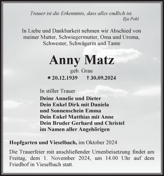 Traueranzeige von Anny Matz von Thüringer Allgemeine, Thüringische Landeszeitung