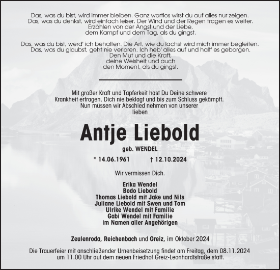 Traueranzeige von Antje Liebold von Ostthüringer Zeitung