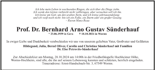 Traueranzeige von Bernhard Arno Gustav Sünderhauf von Ostthüringer Zeitung