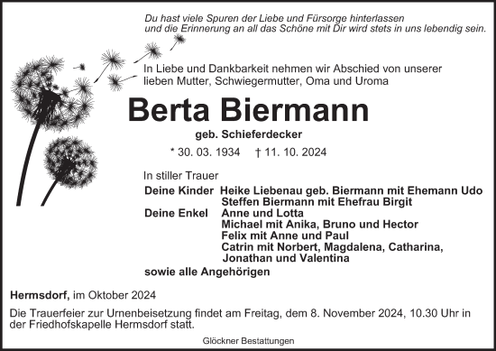 Traueranzeige von Berta Biermann von Thüringer Allgemeine, Thüringische Landeszeitung