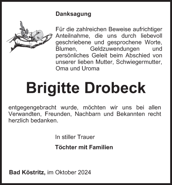 Traueranzeige von Brigitte Drobeck von Ostthüringer Zeitung