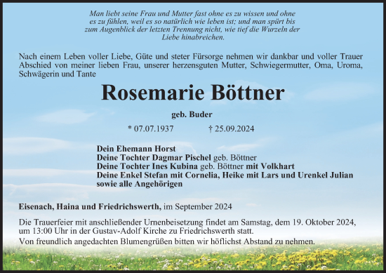 Traueranzeige von Rosemarie Böttner von Thüringer Allgemeine, Thüringische Landeszeitung