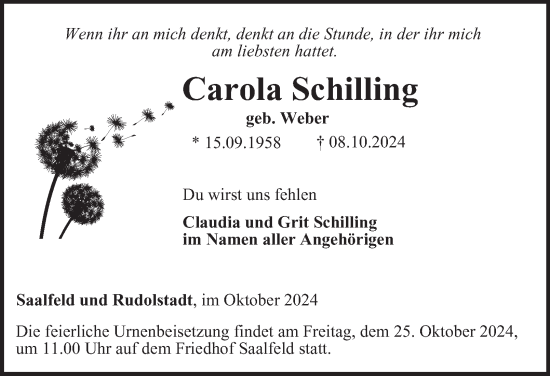 Traueranzeige von Carola Schilling von Ostthüringer Zeitung