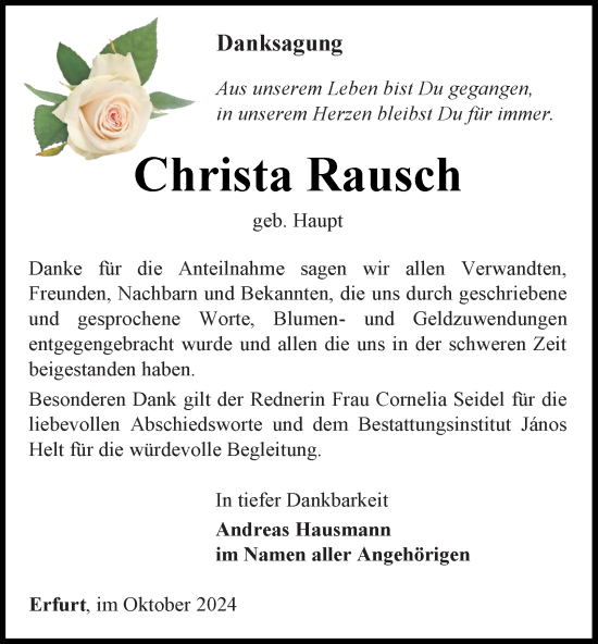 Traueranzeige von Christa Rausch von Thüringer Allgemeine, Thüringische Landeszeitung