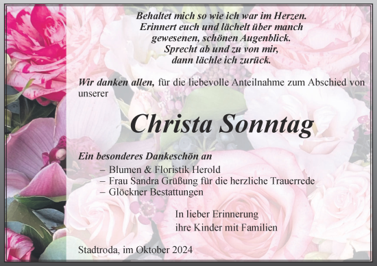 Traueranzeige von Christa Sonntag von Ostthüringer Zeitung