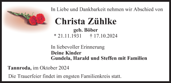 Traueranzeige von Christa Zühlke von Thüringer Allgemeine, Thüringische Landeszeitung