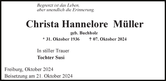 Traueranzeige von Christa Hannelore Müller von Thüringer Allgemeine, Thüringische Landeszeitung