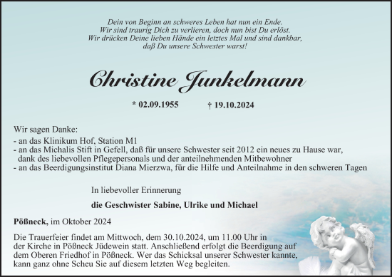 Traueranzeige von Christine Junkelmann von Ostthüringer Zeitung