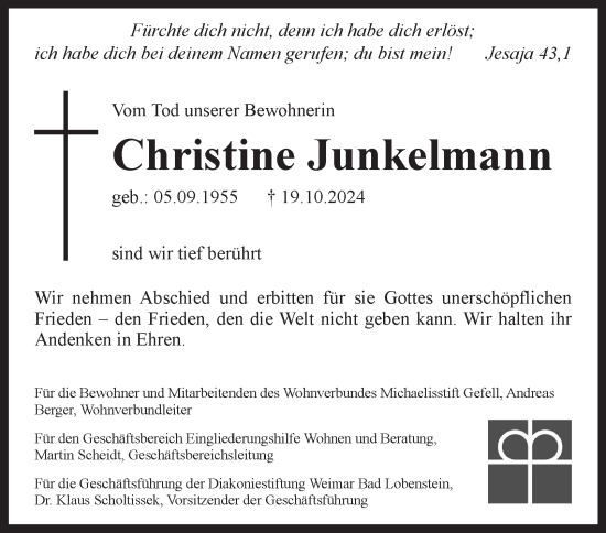 Traueranzeige von Christine Junkelmann von Ostthüringer Zeitung