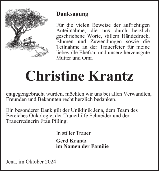 Traueranzeige von Christine Krantz von Ostthüringer Zeitung, Thüringische Landeszeitung