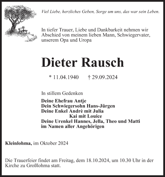 Traueranzeige von Dieter Rausch von Thüringer Allgemeine, Thüringische Landeszeitung