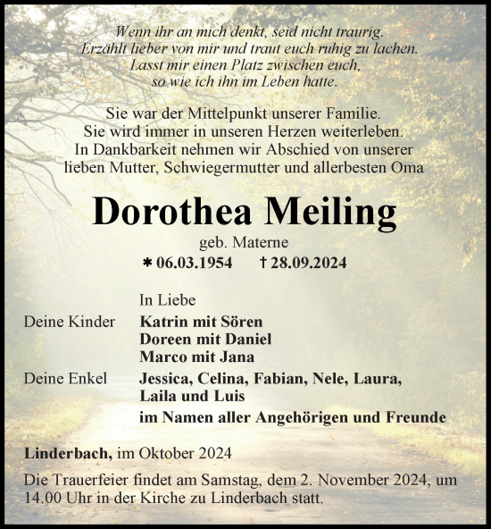 Traueranzeige von Dorothea Meiling von Thüringer Allgemeine, Thüringische Landeszeitung