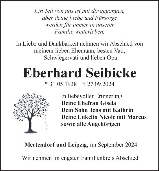 Traueranzeige von Eberhard Seibicke von Ostthüringer Zeitung