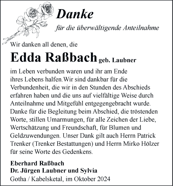 Traueranzeige von Edda Raßbach von Thüringer Allgemeine, Thüringische Landeszeitung