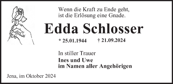 Traueranzeige von Edda Schlosser von Ostthüringer Zeitung, Thüringische Landeszeitung