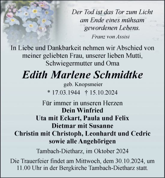 Traueranzeige von Edith Marlene Schmidtke von Thüringer Allgemeine, Thüringische Landeszeitung