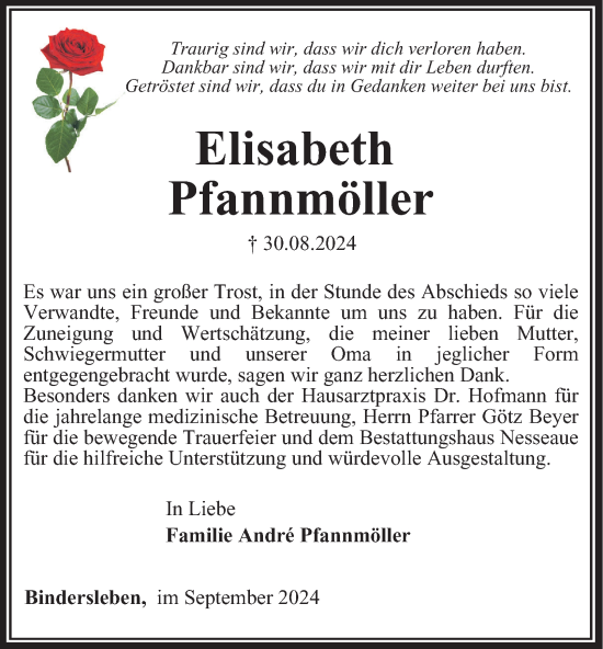 Traueranzeige von Elisabeth Pfannmöller von Thüringer Allgemeine, Thüringische Landeszeitung