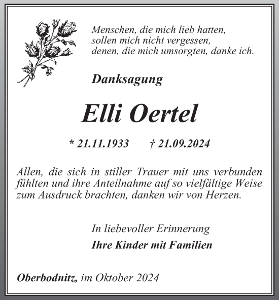 Traueranzeige von Ellie Oertel von Ostthüringer Zeitung