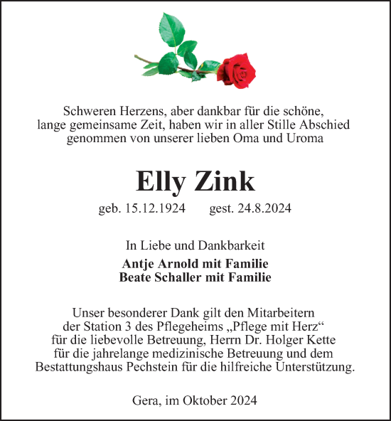 Traueranzeige von Elly Zink von Ostthüringer Zeitung