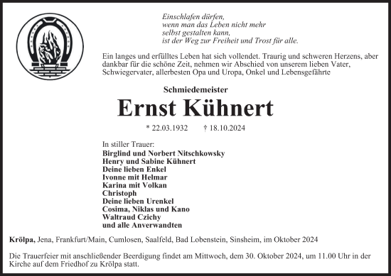 Traueranzeige von Ernst Kühnert von Ostthüringer Zeitung