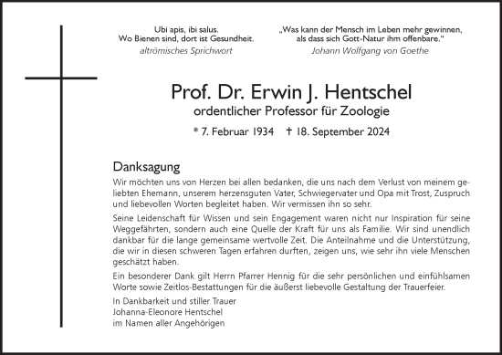 Traueranzeige von Erwin J. Hentschel von Ostthüringer Zeitung, Thüringische Landeszeitung