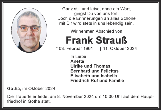 Traueranzeige von Frank Strauß von Thüringer Allgemeine, Thüringische Landeszeitung