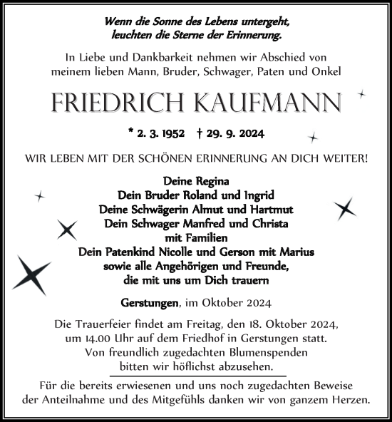 Traueranzeige von Friedrich Kaufmann von Thüringer Allgemeine, Thüringische Landeszeitung