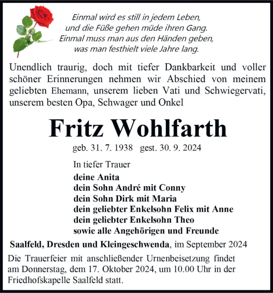 Traueranzeige von Fritz Wohlfarth von Ostthüringer Zeitung