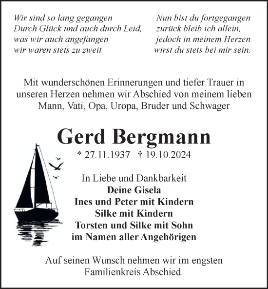 Traueranzeige von Gerd Bergmann von Ostthüringer Zeitung, Thüringische Landeszeitung